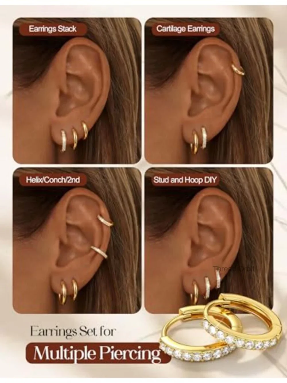 5 Pair Gold Hoop Earrings Set Hypoallergenic Huggies for Sensitive Ears 14K